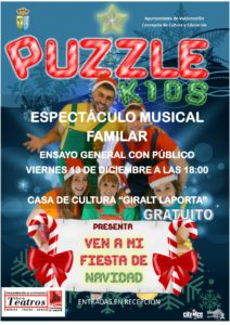 Los vecinos de Valdemorillo, invitados a disfrutar con el espectáculo musical de Puzzle Kids.  El viernes 13 de diciembre,  ‘Ven a mi Fiesta de Navidad’, para pasarlo en grande  en el Auditorio de la Giralt Laporta