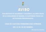 La Casa de Cultura de Valdemorillo  suspende programación y cierra  del 11 al 26 de marzo por motivos de seguridad