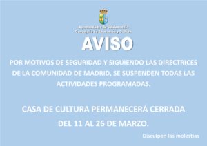 La Casa de Cultura de Valdemorillo  suspende programación y cierra  del 11 al 26 de marzo por motivos de seguridad