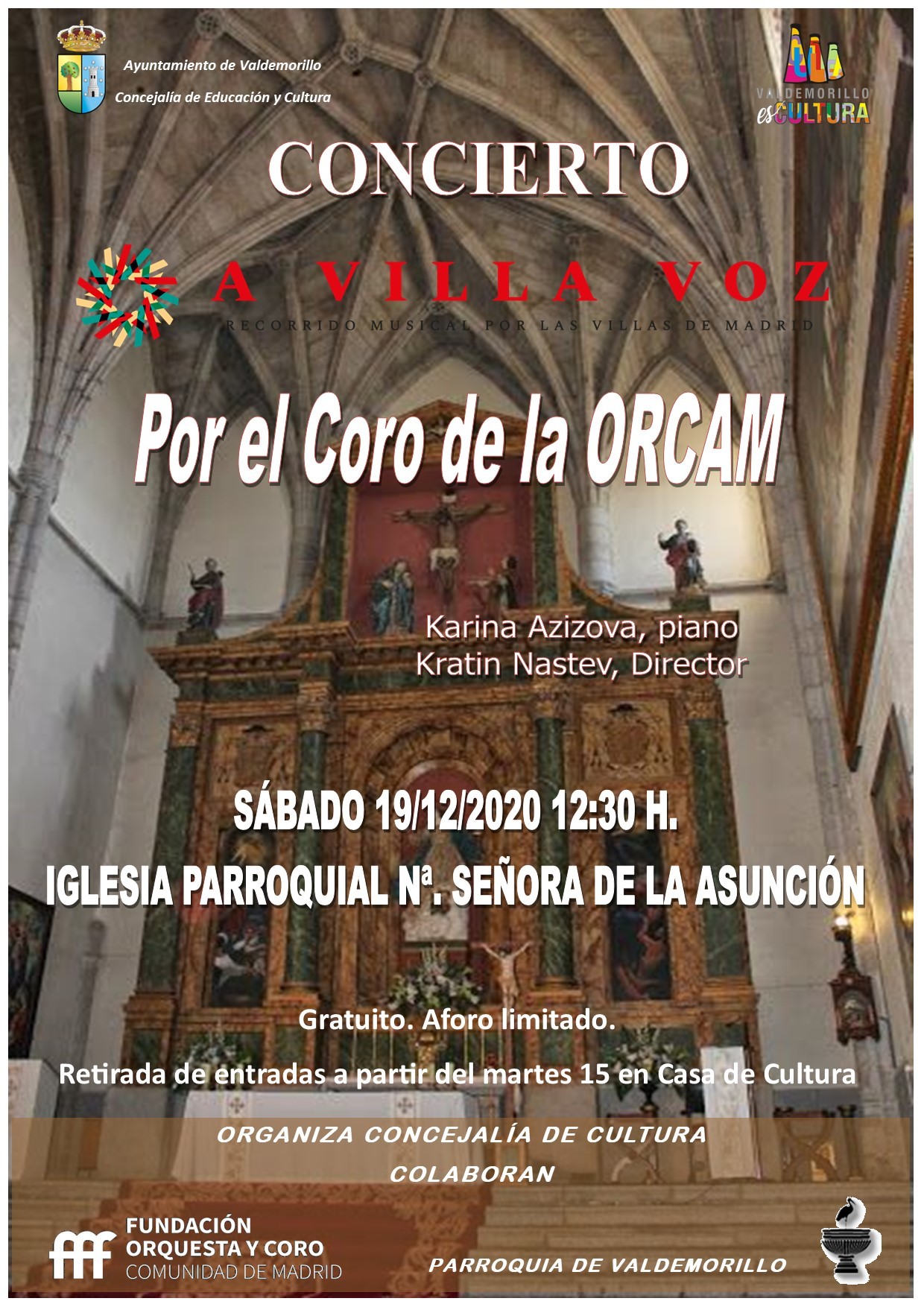 El coro de la Comunidad de Madrid, este sábado 19  en la iglesia de Nuestra señora de la Asunción de Valdemorillo  para invitar a disfrutar de un singular viaje sonoro  en las notas de ‘A villa voz’,  “un concierto único en un escenario excepcional”