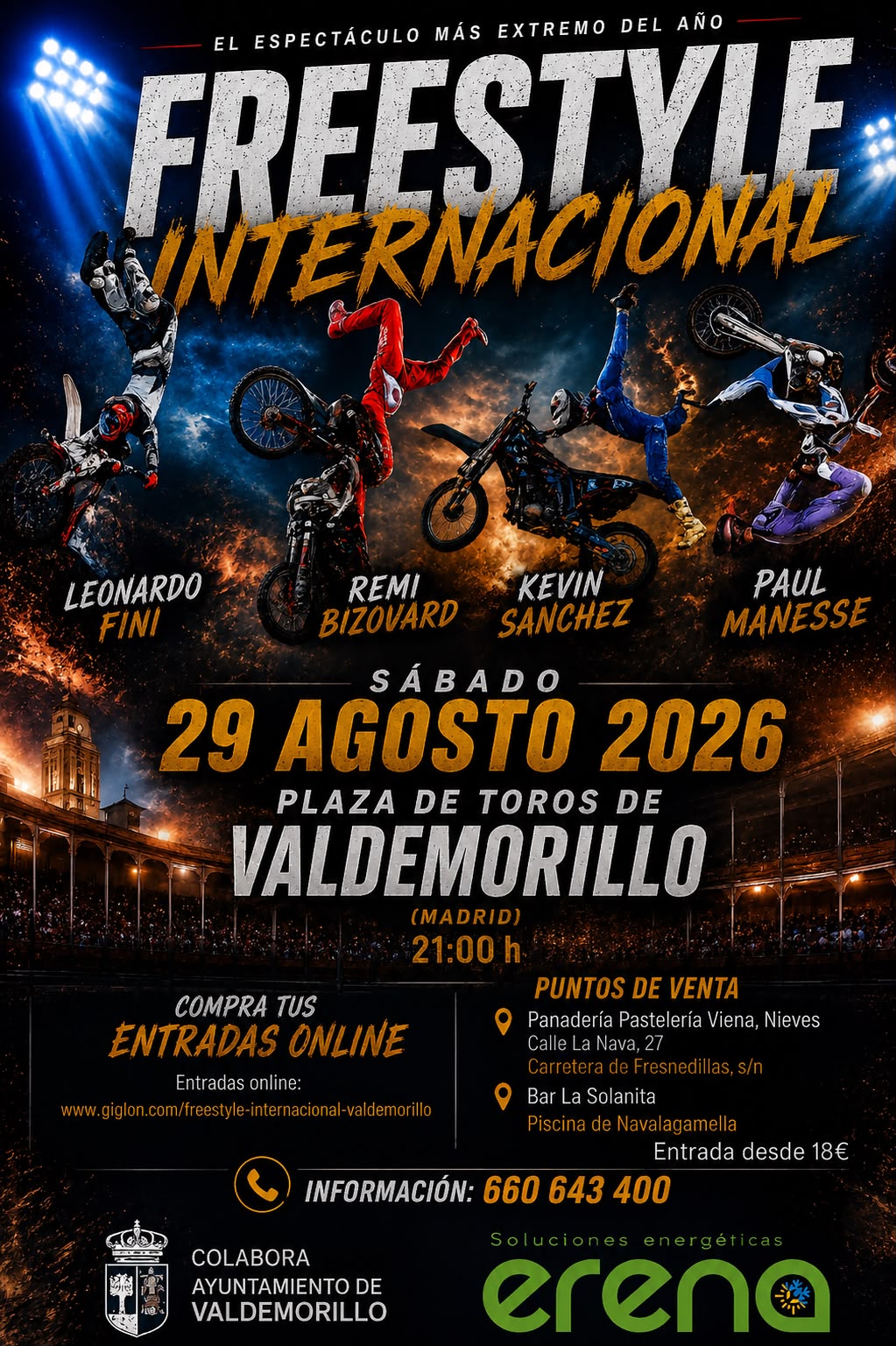 En este momento estás viendo Freestyle Internacional de Valdemorillo,  espectáculo extremo de Motocross (FMX) este 29 de agosto en la Plaza de Toros de La Candelaria