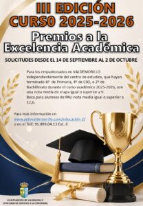 Lee más sobre el artículo El Ayuntamiento convoca los  III Premios a la Excelencia Académica para contribuir al éxito escolar, fomentar la calidad de la enseñanza y valorar el esfuerzo de los alumnos